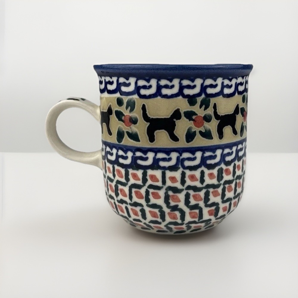 Unikat Wiza Polish Pottery Black Cat Mug Signed R‎ Zarzycka Handmade Blue Green